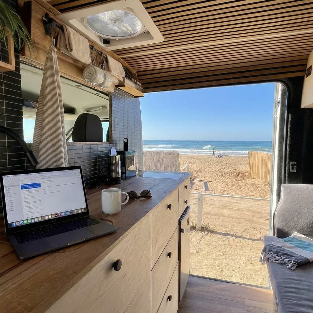 Arbeiten im autarken SVAN 01 Campervan mit Laptop und Blick aufs Meer